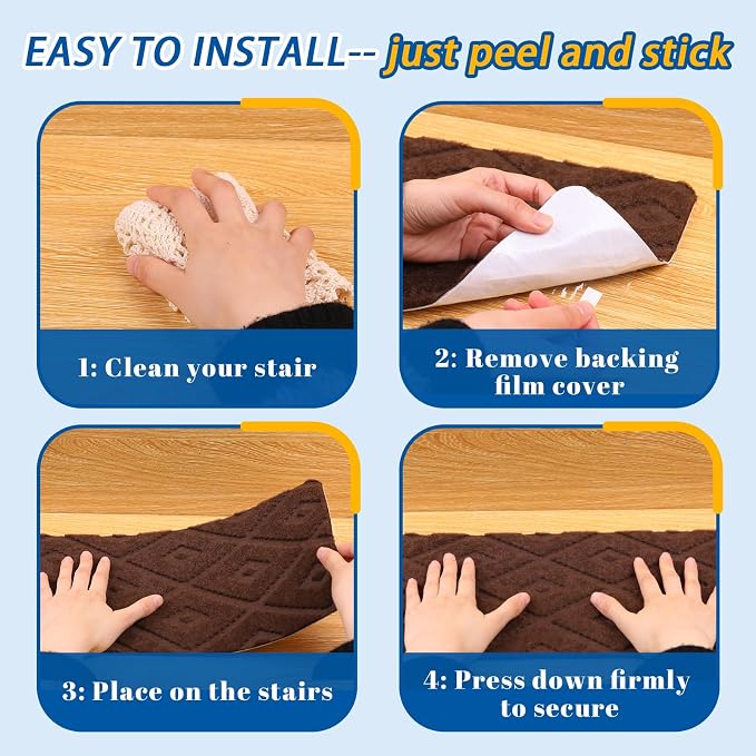 RIOLAND Non-Slip Carpet Stair Treads for Wooden Steps, 15 Pack Indoor Stair Runner with Reusable Adhesive Modern Anti Moving Safety Stair Rugs for Kids Dogs & Elders, 8" X 30", Rhombus Brown