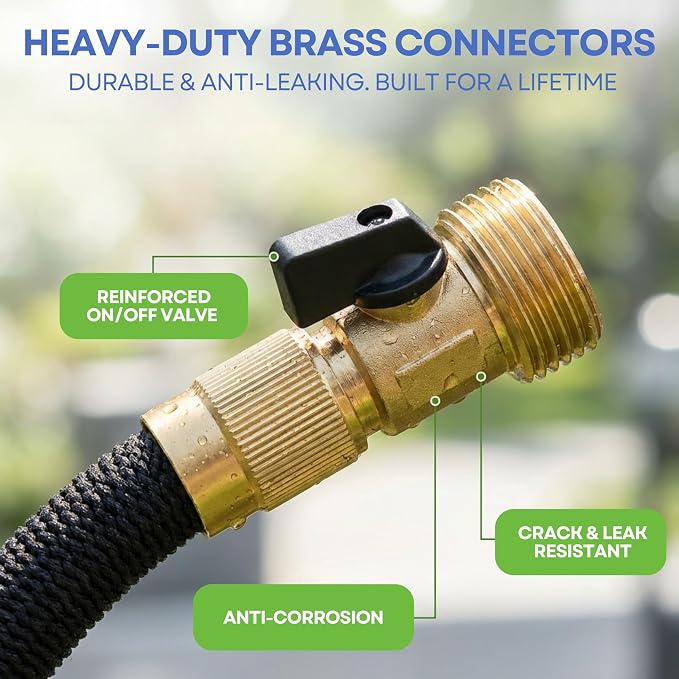 J&B XpandaHose 50ft Expandable Garden Hose, Lightweight, Brass Connectors | Ultra Strong 3750D fabric, 4-layer latex core, expands 3X, kink & leak-resistant, 10-pattern nozzle, storage bag