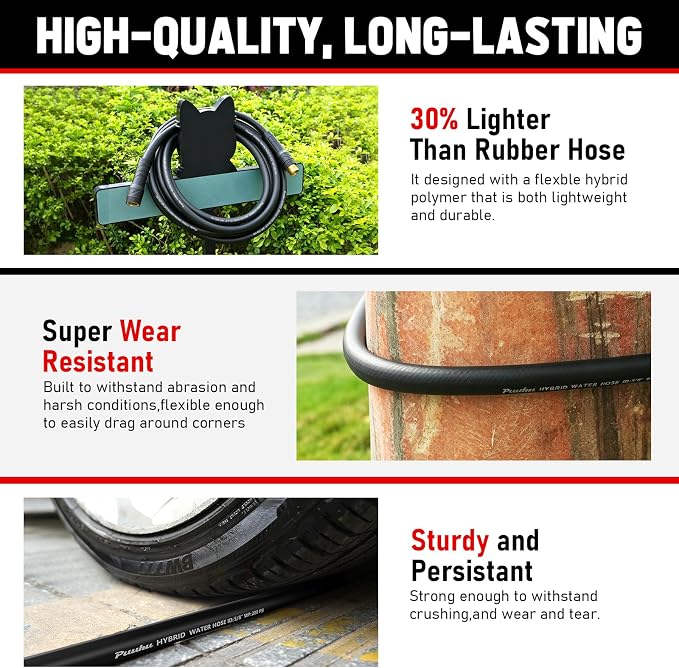 Garden Hose 100ft x 5/8", NON-EXPANDABLE Heavy Duty Premium Flexible Hose | No Kink, Leakproof, Lightweight Hybrid Water Hose with Male to Female Fittings for Household&Backyard