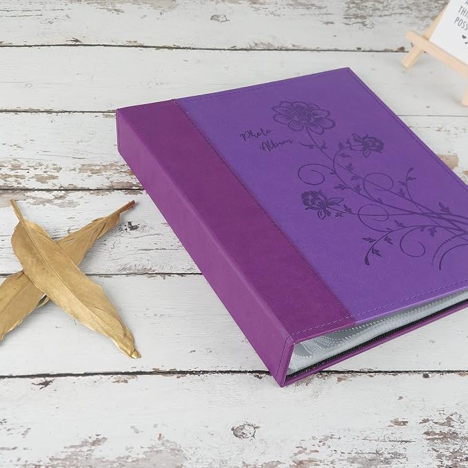 Photo Album 8x10 Clear Pages Pockets Leathe Cover Slip Slide in Photo Album Holds 100 Vertical 8x10 Photos Picture Book for Wedding Family (Purple)