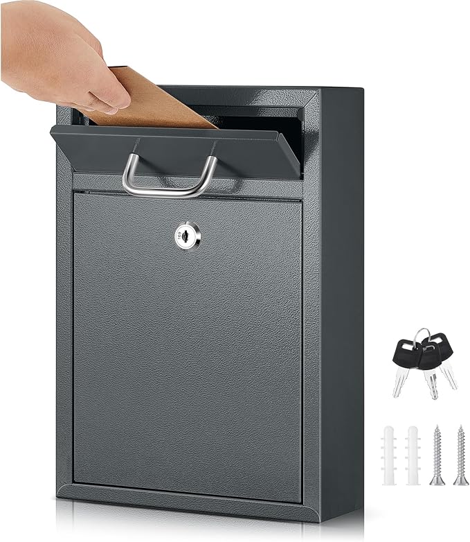 Yaocom Locking Mailbox with Key for Outdoor 12.2 x 8.5 x 3 Inches Large Wall Mount Mail Box with Lock Security Mail Drop Metal Collection Boxes Hanging Secure Postbox(Dark Gray)