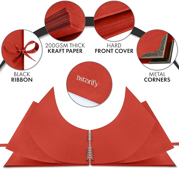 Bstorify 10 x 10 Inches Scrapbook Album 70 Pages Red Thick Kraft Paper Corner Protectors, Ribbon Closure - Ideal for Your Scrapbooking, Art & Craft Projects (Red, 10 x 10 Inch)