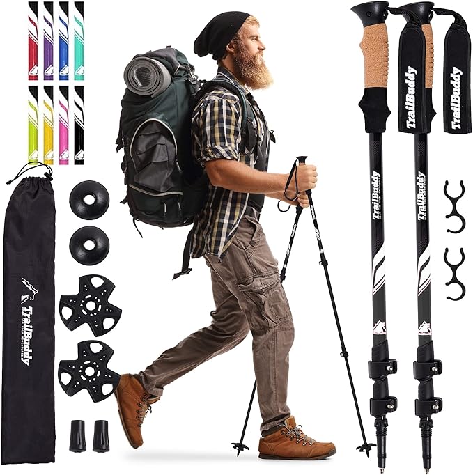 TrailBuddy Trekking Poles – Lightweight 7075 Aluminum Hiking Poles for Women, Men & Seniors – Collapsible or Foldable Walking Sticks for Travel, Trails & Balance