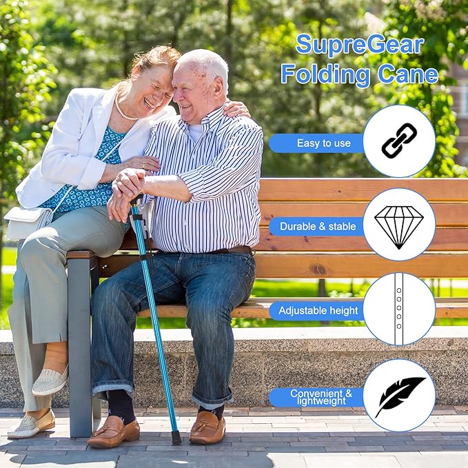 supregear Folding Cane, 5-Level Adjustable Height Walking Stick Lightweight Collapsible Portable Travel Cane with Wrist Strap and T Handle for Elderly Disabled Men Women