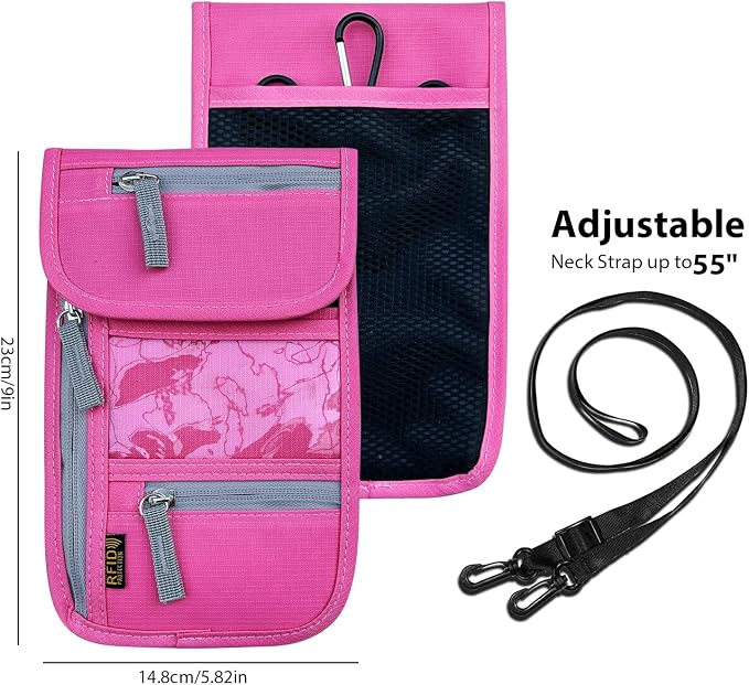 Travel Neck Wallet, RFID Blocking Passport Holder with Adjustable Neck Strap for Men and Women to Keep Cash, Credit Cards and Travel Documents Safe - Rose