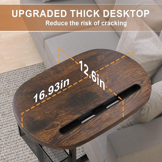 Fashion TV Tray with Large Tabletop, Adjustable Sofa Table with Baskets | Tv Dinner Couch Tray Table With Strong Metal Frame for TV Watching, Meals, Snacks, Oval, Brown,16.93inch x 12.6inch