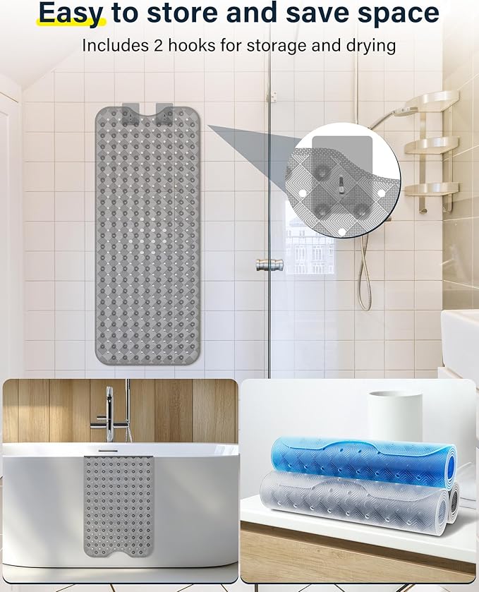 Non Slip Bathtub Mat for Tub & Shower, Machine Washable 40"x16" Anti Slip Bath Mat with 2 Hooks, Soft & Comfortable and Extra Large for Families, Clear Grey