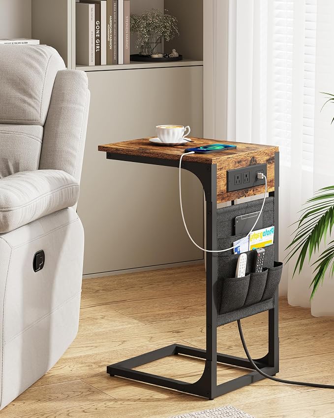 TUTOTAK C Shaped End Table with Charging Station, Side Table for Sofa | Couch Table with Storage Bag, TV Tray with 2 USB Ports and Outlets, Living Room and Bedroom, Brown TB01BB024