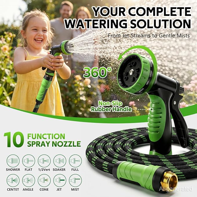 NON-EXPANDABLE Garden Hose 100 FT Water Hose with 10-Function Spray Nozzle | Yard hose Heavy Duty Steel Metal Flexible,Durable Fabric Skin,No Kinks & Leak-Proof with Upgraded Handle hose pipe outside