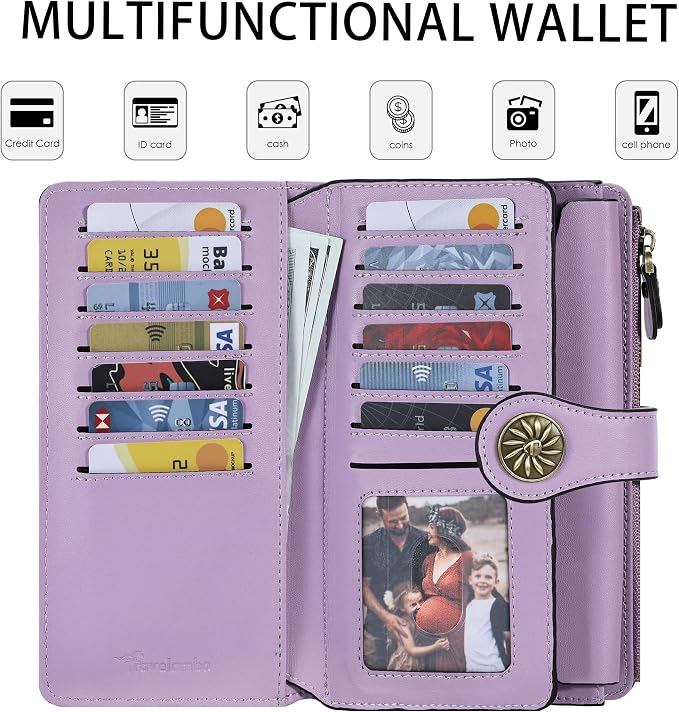 Travelambo Women's Wallet RFID Blocking Trifold Clutch Large Capacity Credit Card Holder Travel Purse