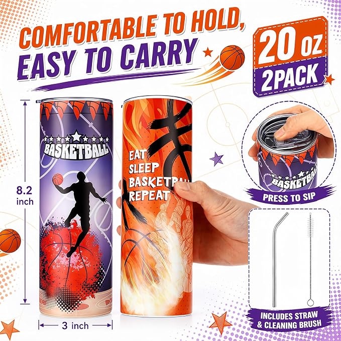 Geiserailie 2 Pack Basketball Tumbler Cups Gifts 20 oz Insulated Stainless Steel Sports Travel Mug with Lids Straws for Christmas Father's Day Men Dad Basketball Lovers Fans