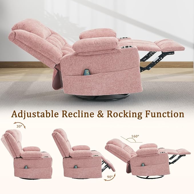 Korser 360° Swivel Rocker Recliner for Adults, Nursery Glider Recliner with Massage and Heating, Rocking Chair with Cup Holder, Manual Recliner Chair for Living Room, Bedroom (Fabric, Pink)