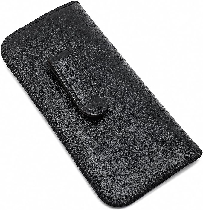 Calabria Soft Slip-In Glasses Case with Pocket Metal Clip Black for Men/Women Synthetic Leather Felt Lining 6.5"x3" - 100PACK