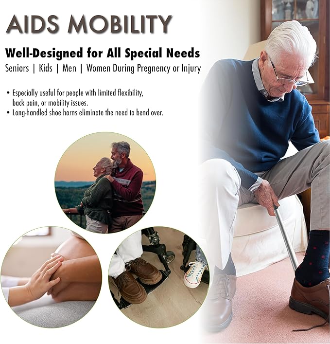 Velette Metal Shoe Horn Long Handle for Seniors - 15" Long Shoe Horns for Men, Women and Kids - Boot Horns, Shoehorn Long-Handle, Shoes Spoon, Stick Helper for Cowboy Boots, Sneakers, Dress Shoes