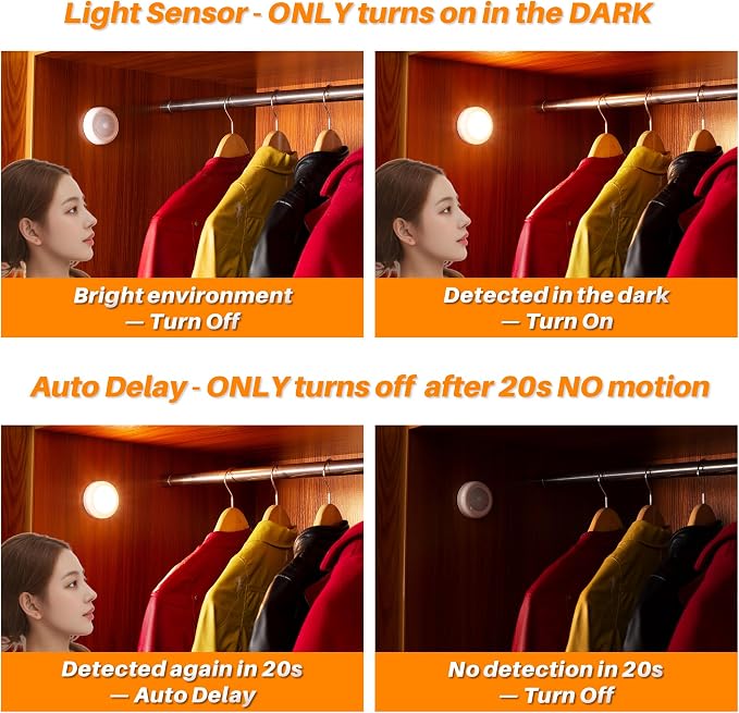 STAR-SPANGLED 2.8” LED Motion Sensor Lights Indoor AAA Battery, 6 Pack Warm | Stick on Puck Light Battery Powered, Round Motion Activated Night Lamps, For Closet Stairs Under Cabinet Kitchen Pantry Shelf