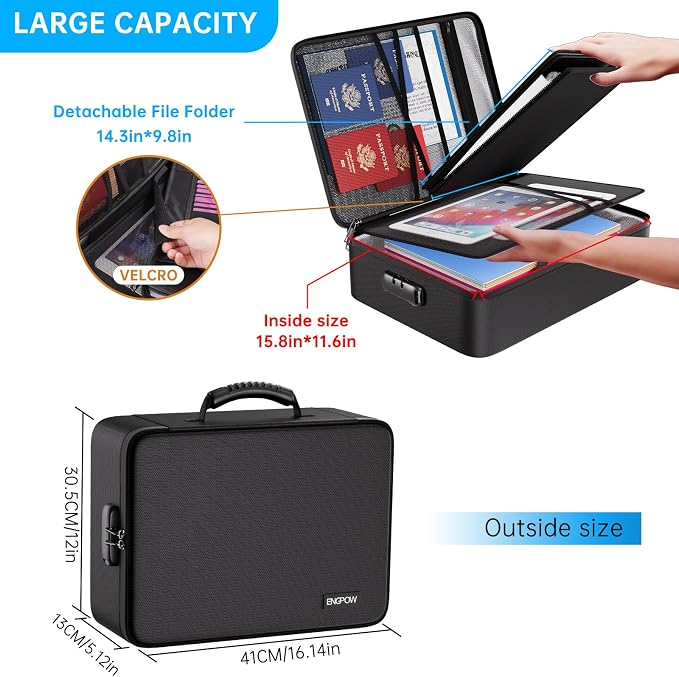 ENGPOW 5200℉ Fireproof Document Box with 25 Pockets Accordion File Folder | Heat Insulated Water Resistant File Organizer Box with Lock,Soft Case,Home Travel Safe Storage for Important Documents,Black
