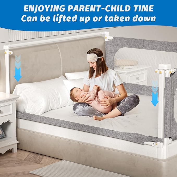3-Piece Full Size Bed Rails for Toddlers, with Headboard Rod -Height Adjustable Baby' Safety Bed Rails Guard for Full Size Bed(3Pack 74.8"x74.8"x54"-Gray)
