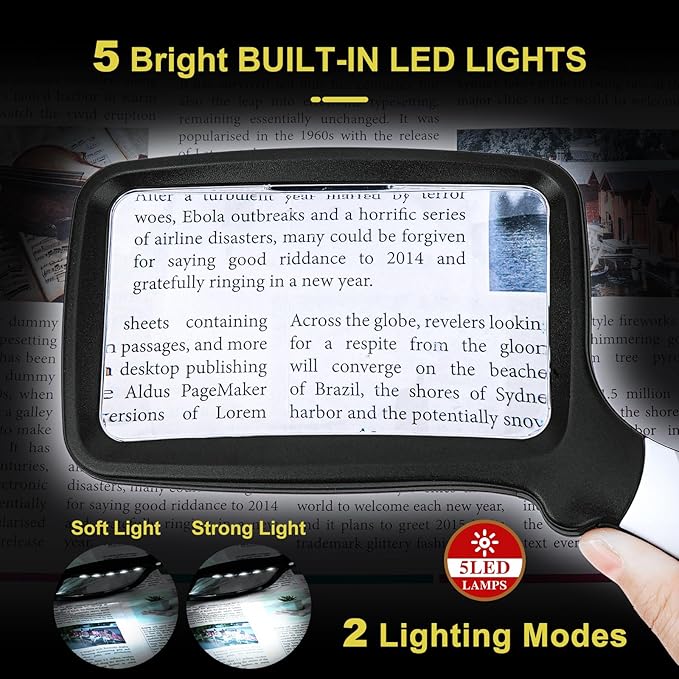 3X Folding Magnifying Glass with Light, Retancular Lighted Magnifier with 5 LED Lights, Handhold Page Magnify Lens Seniors Gift for Reading Books, Coins, Maps, Inspection, Exploring -Black