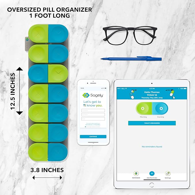 Sagely Smart XL Weekly Pill Organizer AM/PM - Medicine Storage Organizer with Reminder Alarm App (Large Enough to Fit Fish Oil, Cod Liver Oil, Vitamin D Supplements & Vitamins) (White/Gray)