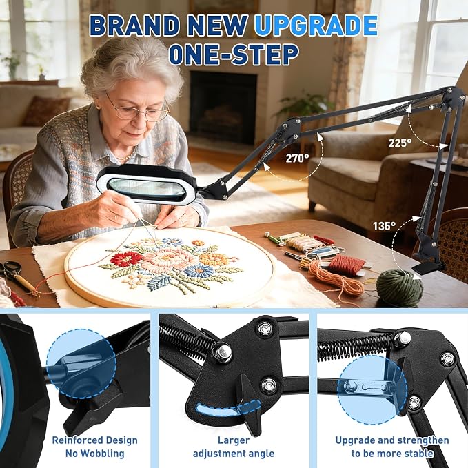 HITTI 12X Square Ultra Long Magnifying Glass with Light and Clamp | 3-Section Arm Hands-Free Lighted Stand, 5 Color Modes & Stepless Dimming LED Desk Lamp for Workbench, Modelling, Puzzle-Blue