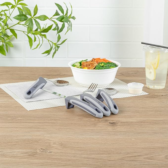 Restaurantware Adaptive Cutlery Set - 1 Set 9.84 x 5.12 x 1.57 Inches - Non-Slip Ergonomic Dining Utensils With Textured Handle - Stainless Steel Gray