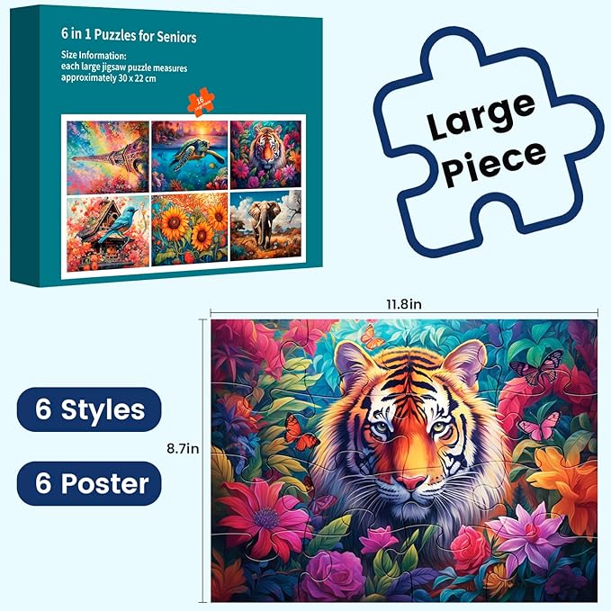 6 Pack 16 Large Piece Puzzles for Seniors Puzzles Dementia Alzheimer's Products and Activities Alzheimer's Puzzle Elderly Adults Cognitive Game Gift for Patients in Nursing Home with 6 Storage Bags