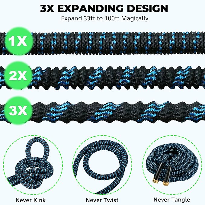 Expandable Garden Hose 100 ft with 10 Function Spray Nozzle, Flexible, Kink Free, Leak-Proof, Ultra Lightweight Retractable Stretch Water Hose 100ft for Yard, Lawn, Car Wash and Outdoor(Black & Blue)