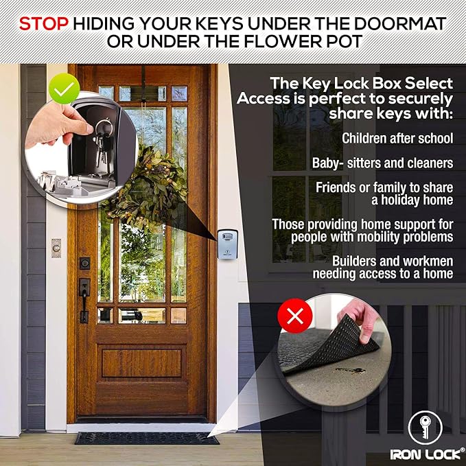 Iron Lock® XXL Wall Mount Key Lock Box, Outdoor Combination Code (Grey) | Fits 20-30 spares plus fobs & cards; unique built-in tray so keys don't fall out; dial cover; screws & anchors included