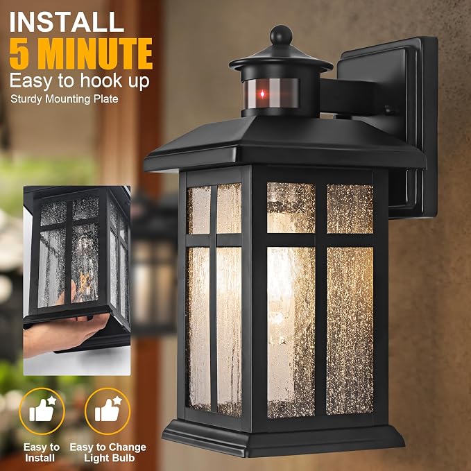 Motion Sensor Outdoor Wall Lights 2 Packs Dusk to Dawn Outdoor Lighting | Hardwired Exterior Light Sconces with E26 Sockets & Tempered Glass, Wall Mounted Black Waterproof Outdoor Lights for House