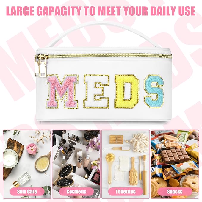 BuyCard Medicines Chenille Letter Bag Nylon Meds Makeup Pouch Preppy Path with Zipper and Handle Cosmetic Toiletry Storage Purse for Women White