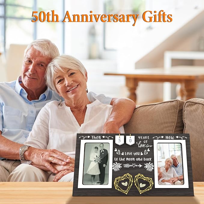 Then & Now Anniversary Picture Frame - 1-99 Years Anniversary Wedding Gift for Couple, Engagement Bridal Shower, Gifts for Couples Wood Photo Frame Holds Two 4x6 Inches Photos-Black