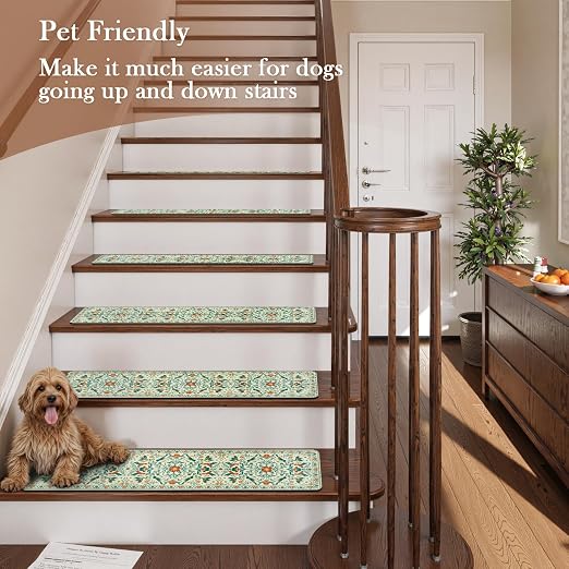 OJIA Non-Slip Stair Treads Stair Runner for Wooden Steps Indoor 15PC 30"x8" | Floral Carpet Stair Treads Stair Mats Staircase Step Treads for Kids, Elders and Dogs, Stair Covers, Beige