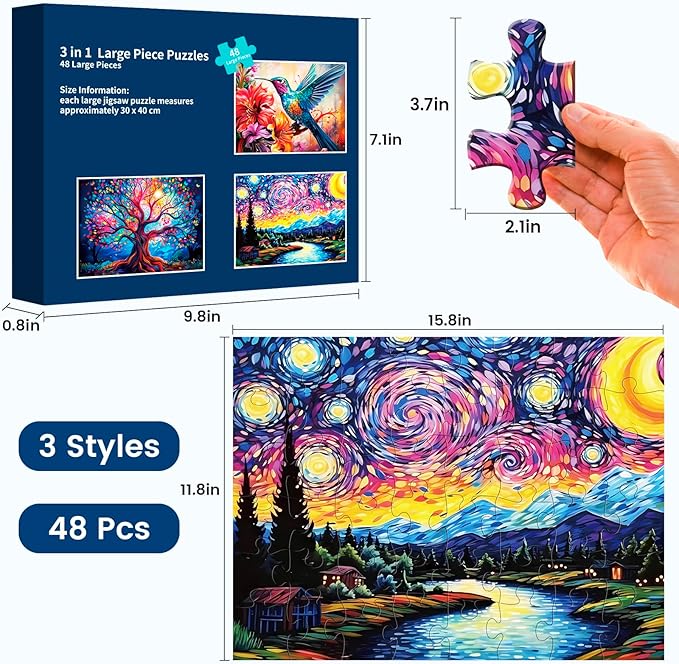3 Packs 48 Large Piece Puzzle for Seniors - Dementia Puzzles for Elderly Adults,Alzheimer’s Puzzles Memory Cognitive Games for Elderly Seniors with 3 Storage Bags