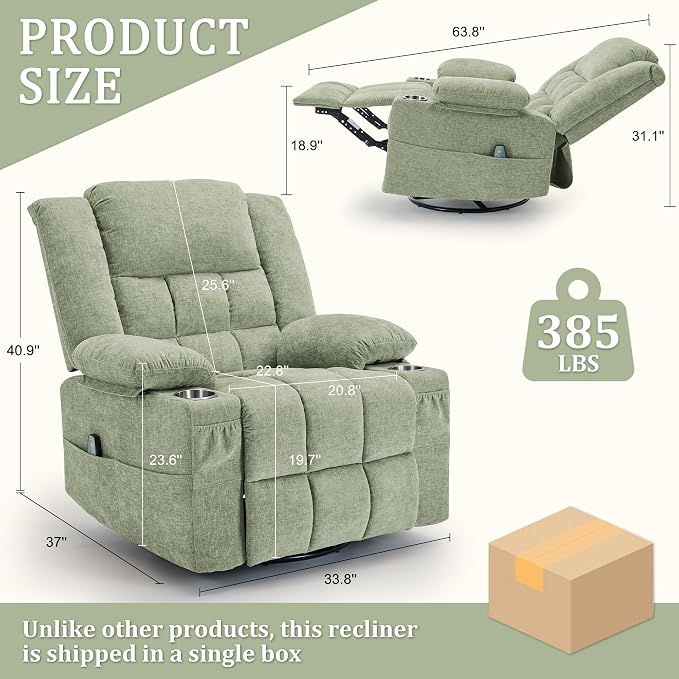 Korser Adult 360° Rotating Recliner with Massage and Heating Functions, Cup Holder and Manual Tilt Mechanism, Suitable for Living Room and Bedroom (Fabric, Turquoise)