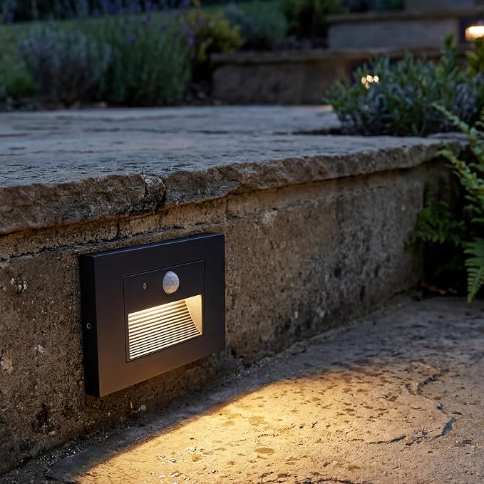 Maxxima Horizontal LED Motion Sensor Step Light, 3CCT 80 Lumens, Black 2Pk | Indoor/Outdoor Stair Light, 3Color Selectable 3000K, 4000K, 5000K, IP65 Rated, Modern Deck Stair Light