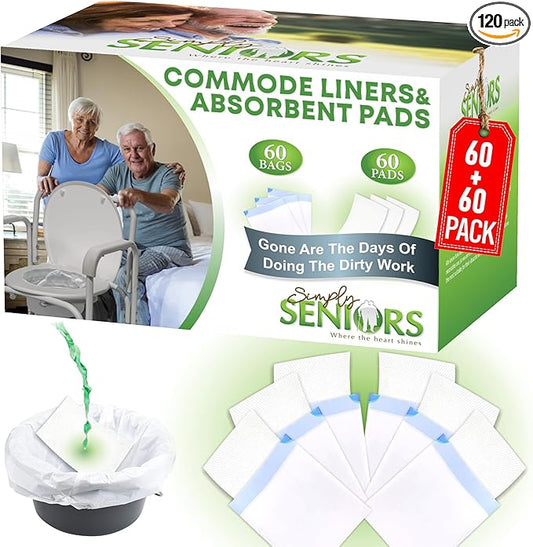 Commode Liners with Absorbent Pads - 60 Bedside Commode Liners & Pads - Portable Toilet Bags for Porta Potty & Camping - No More Days Washing The Bucket of The Commode Chair for Toilet with Arms