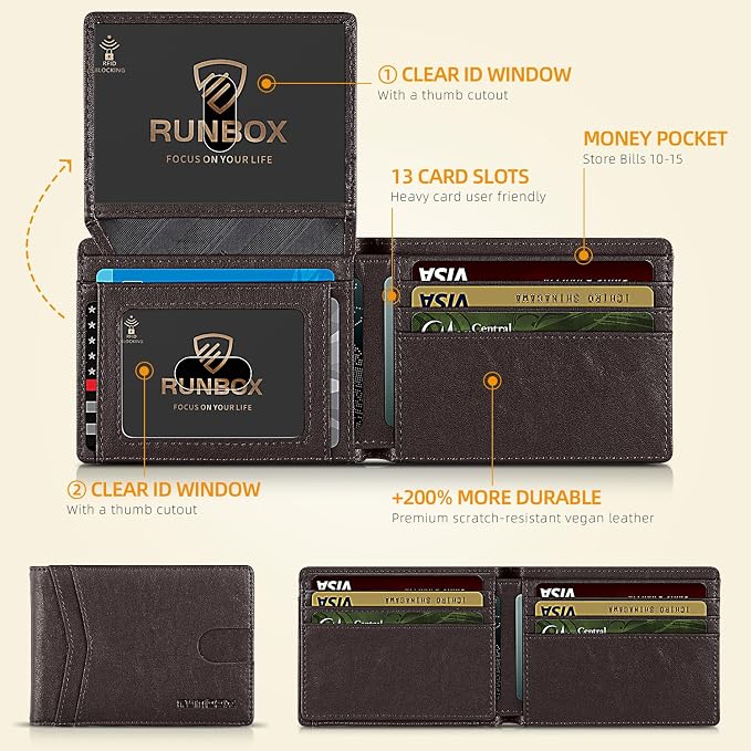 RUNBOX Wallet for Men -Slim Rfid Leather Mens Bifold Novelty Wallets 2 ID Window With Gift Box Men's Accessories | Minimalist Front Pocket Design, Holds 15 Cards, Large Capacity with Cash Pocket,Compact and Thin, Birthday Gifts for Men