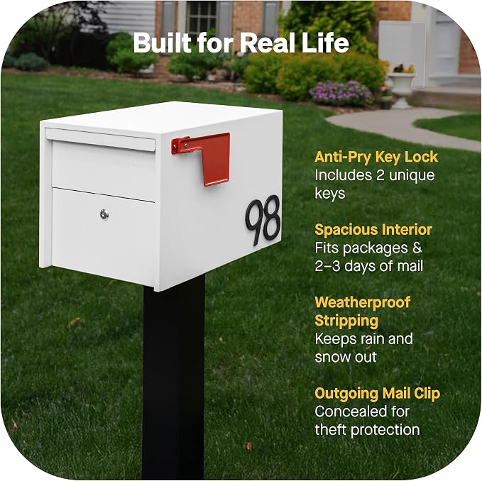 Adoorn Lockable Post Mount Mailboxes for Outside - Small Anti-Theft Locking Mailbox for Packages and Letters - Weatherproof Construction - Durable Steel - 12" H x 12" W x 18.5" D - White