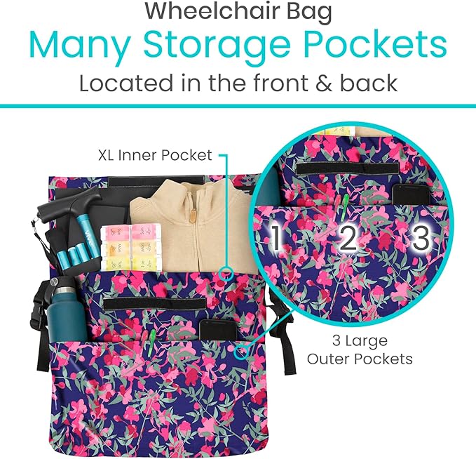 Vive XL Wheelchair Accessories Bag - Waterproof, Scratch-Resistant, Double-Stitched, Machine Washable for Adults, Seniors, 15 Colors - Storage Walker Backpack to Hang on Back