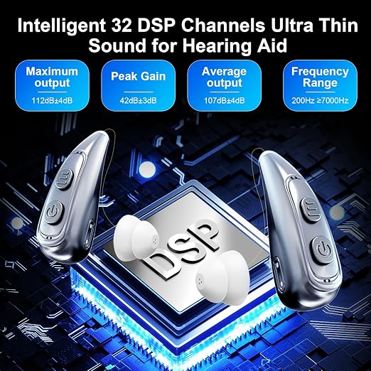 Hearing Aid for Seniors，OTC 32 Channel 5 Volume Hearing Amplifier with Rechargeable Case & Noise Cancelling Phones Sound Cleaner，Invisable Ergonomic Auto-On/Off Digital Hear Aid for Dryer Hear Loss (Light Sliver)