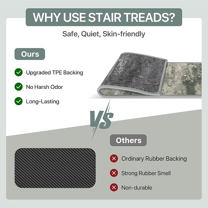sarben 8"x30" Non Slip Stair Treads for Wooden Steps 15Pk,Muted Green Beige | Peel and Stick Carpet Stair Runner with TPE Adhesive Backing, Carpet for Added Safety, Pet and Senior Friendly
