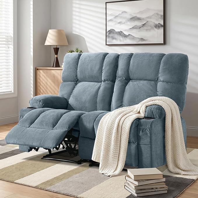 Oversized Fabric Reclining Loveseat Sofa for Living Room with Cup Holders | 2-seat recliner sofa with side pockets, padded seats and adjustable footrests for home theater, family room and relaxation