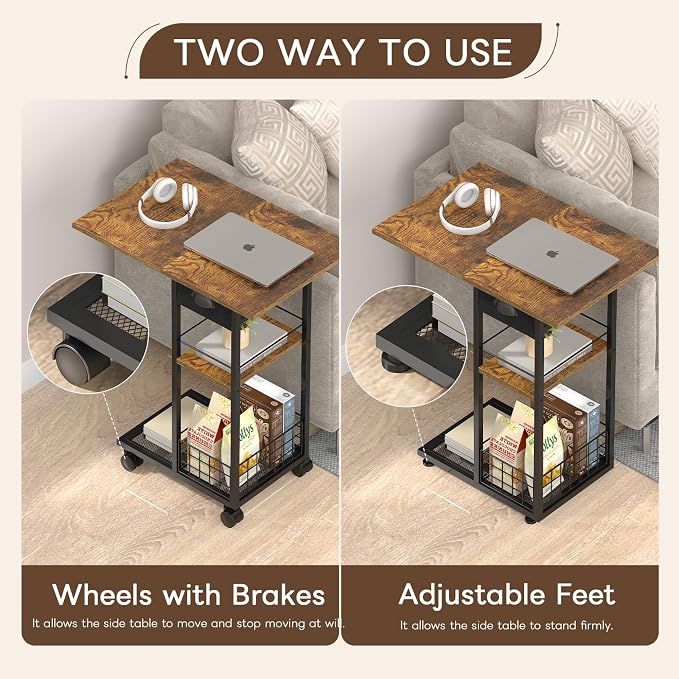 Large C Shaped End Table, Tray Table with Wheels, Drawer and Storage Basket | Large 23.6 x 15.7-Inch Top: 360°wheel rotation, 3-Tier storage with drawer and wheels or adjustable feet.