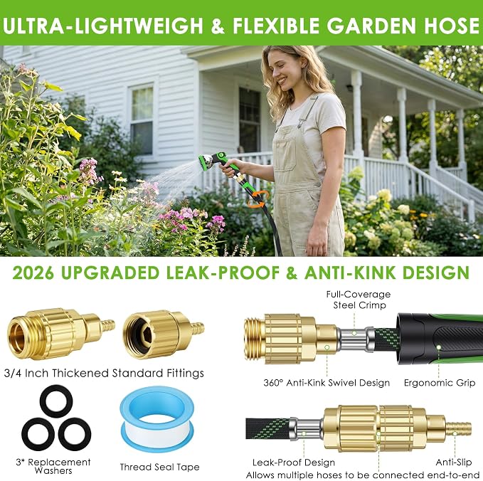 Non-Expanding Garden Hose 100 ft, Lightweight Hose & Flexible Water Hose With 10-Pattern Spray Nozzle, Kink-Free Design, Durable Leakproof Yard Outdoor Hose, Portable Storage Strap, 100 Feet