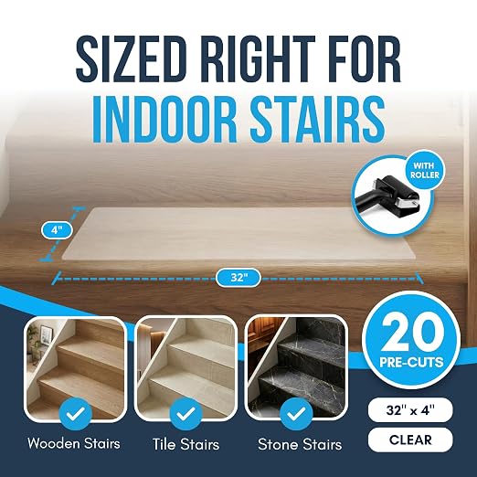 Clear Non Slip Stair Treads for Wooden Steps Indoor (20 Pack) - 32” x 4” Extra Wide Transparent Stair Treads Non Slip, Self Adhesive Indoor Safety Strips for Wood Stairs, Stair Grips for Elderly