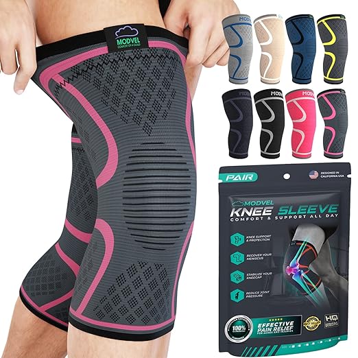Modvel Compression Knee Brace for Women & Men, 2-Pack Knee Brace for Running Knee Pain, Knee Support Compression Sleeve, Workout Sports Knee Braces for Meniscus Tear, ACL & Arthritis Pain Relief