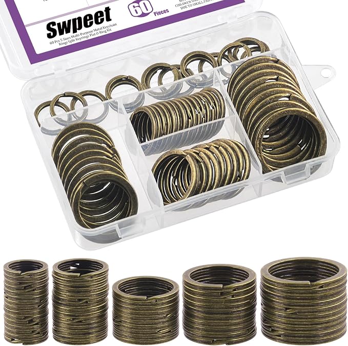 Swpeet 60 Pcs Bronze Assorted Multi-Purpose Metal Keychain Rings Split Keyrings Flat O Ring for Home Car Keys Attachments Keys Pendants - 20mm, 25mm, 30mm, 35 mm, 38 mm