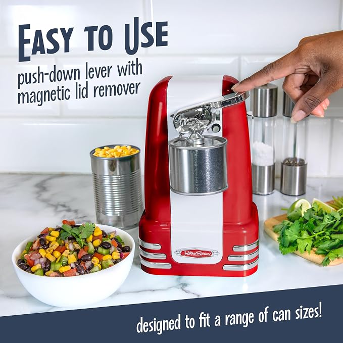 Nostalgia Retro Electric Can Opener for Kitchen with Magnetic Lid Remover, Knife Sharpener, and Soda or Beer Bottle Opener, Red