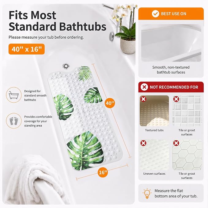 Yimobra Non Slip Bathtub Mat 40 x 16 Inch, Extra Long Shower Mat with Drain Holes, Machine Washable Baby Bath Mats, Strong Suction Cups for Bathroom Floor, Monstera
