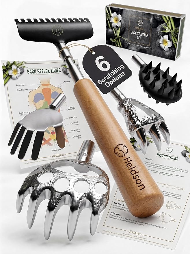Extendable Back Scratcher for Men & Women – Bear Claw, 5 Heads | Dermatest "excellent", extends up to 29 inches, stainless steel with wooden handle, 5 scratching heads, incl. reflex chart